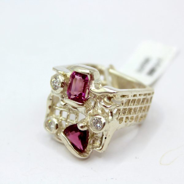 Sterling Silver Ring - "Mesh" Design - Garnet, Pink Tourmaline and MM Diamonds (21075RS) - Image 5