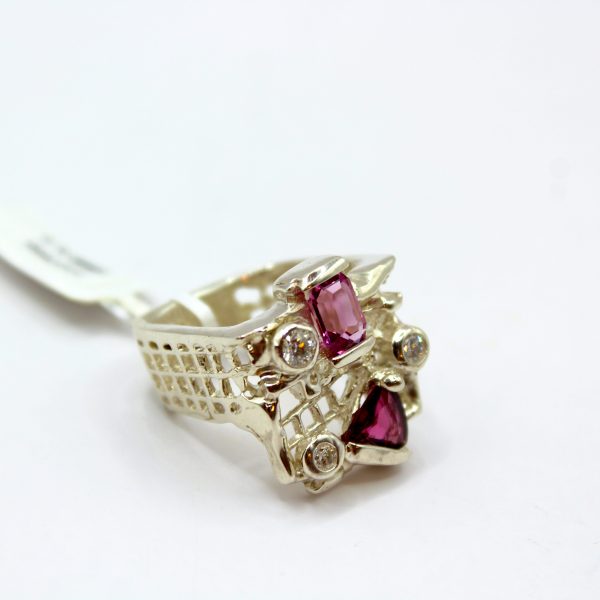 Sterling Silver Ring - "Mesh" Design - Garnet, Pink Tourmaline and MM Diamonds (21075RS) - Image 3