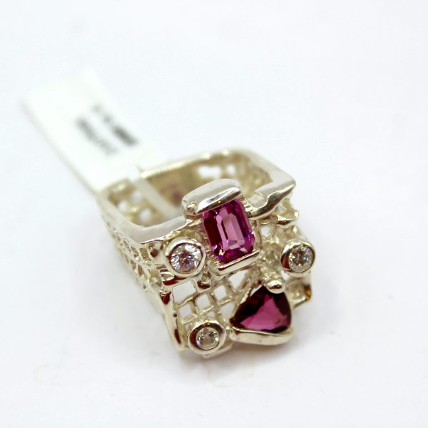 Sterling Silver Ring - "Mesh" Design - Garnet, Pink Tourmaline and MM Diamonds (21075RS) - Image 2