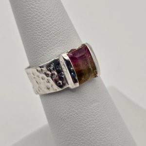 Sterling Silver Ring - "Hammered" Band - Watermelon Tourmaline (24021RS)