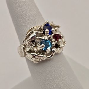 Sterling Silver Ring - "Freeform" Design - Topaz, MM Red and Blue Sapphires (24034RS)