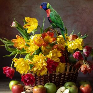 Basket of Tulips with Parrot
