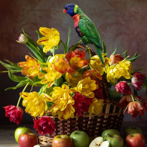 Basket of Tulips with Parrot