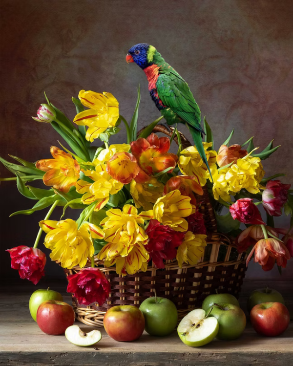 Basket of Tulips with Parrot