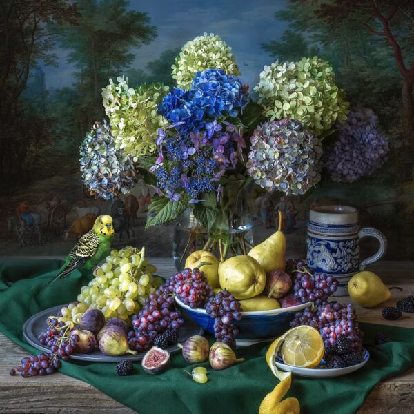 Hydrangeas, Pears, and Parakeet
