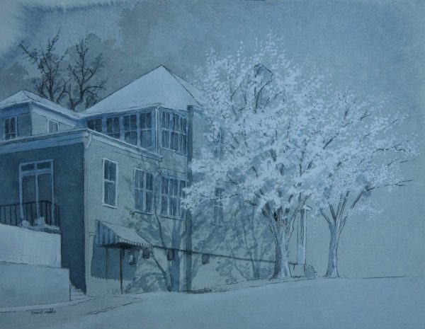 Flowering Trees in the Moonlight by an Old House
