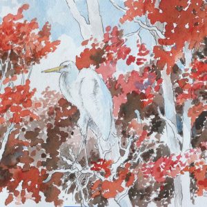 Snowy Egret and Red Autumn Leaves