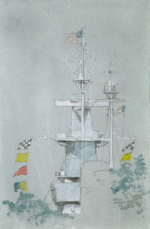 USS North Carolina Flags and Cloudy Sky