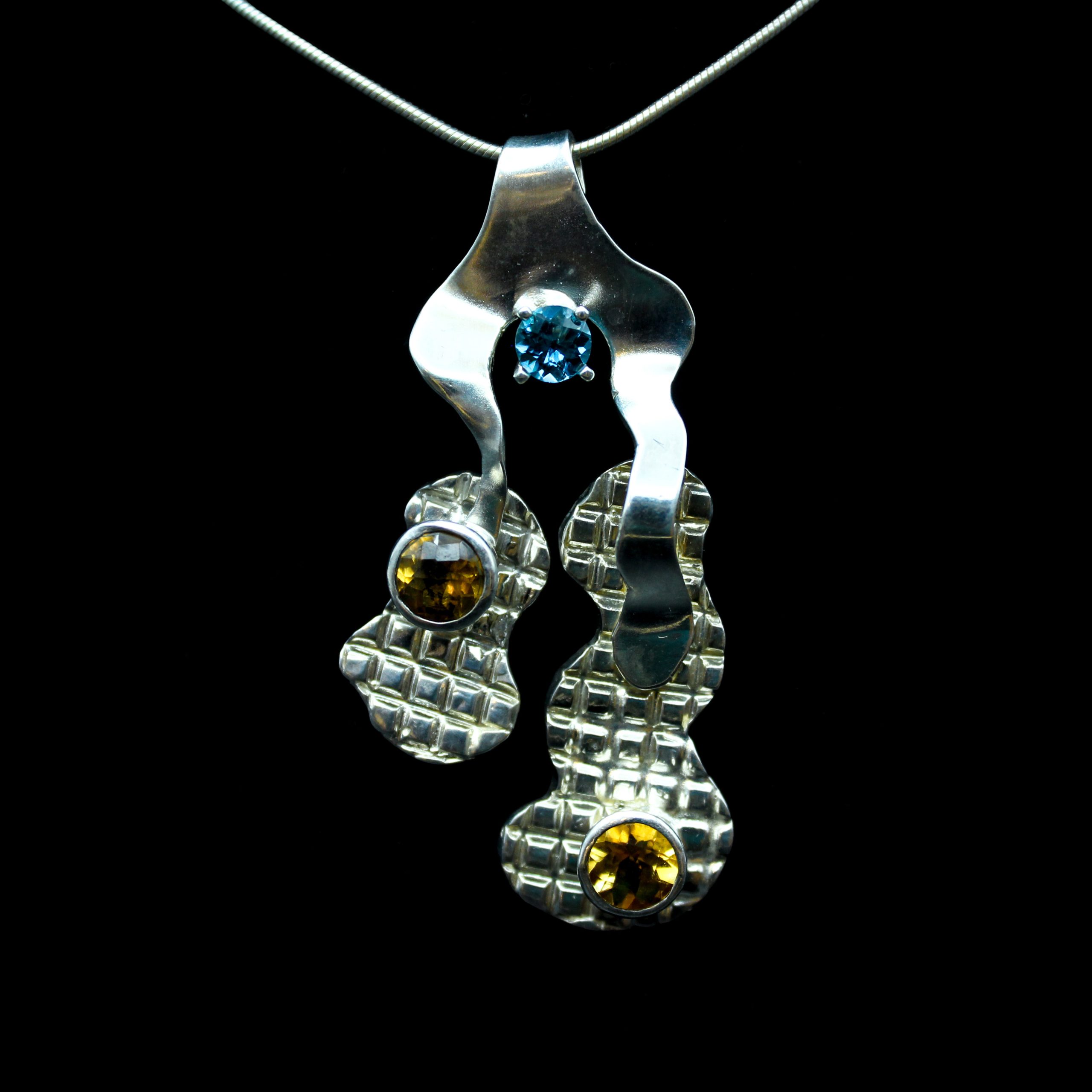 Sterling Silver Pendant - "Squared Texture" Design - Swiss Blue Topaz & 2 Citrines (15050PS) - Image 4