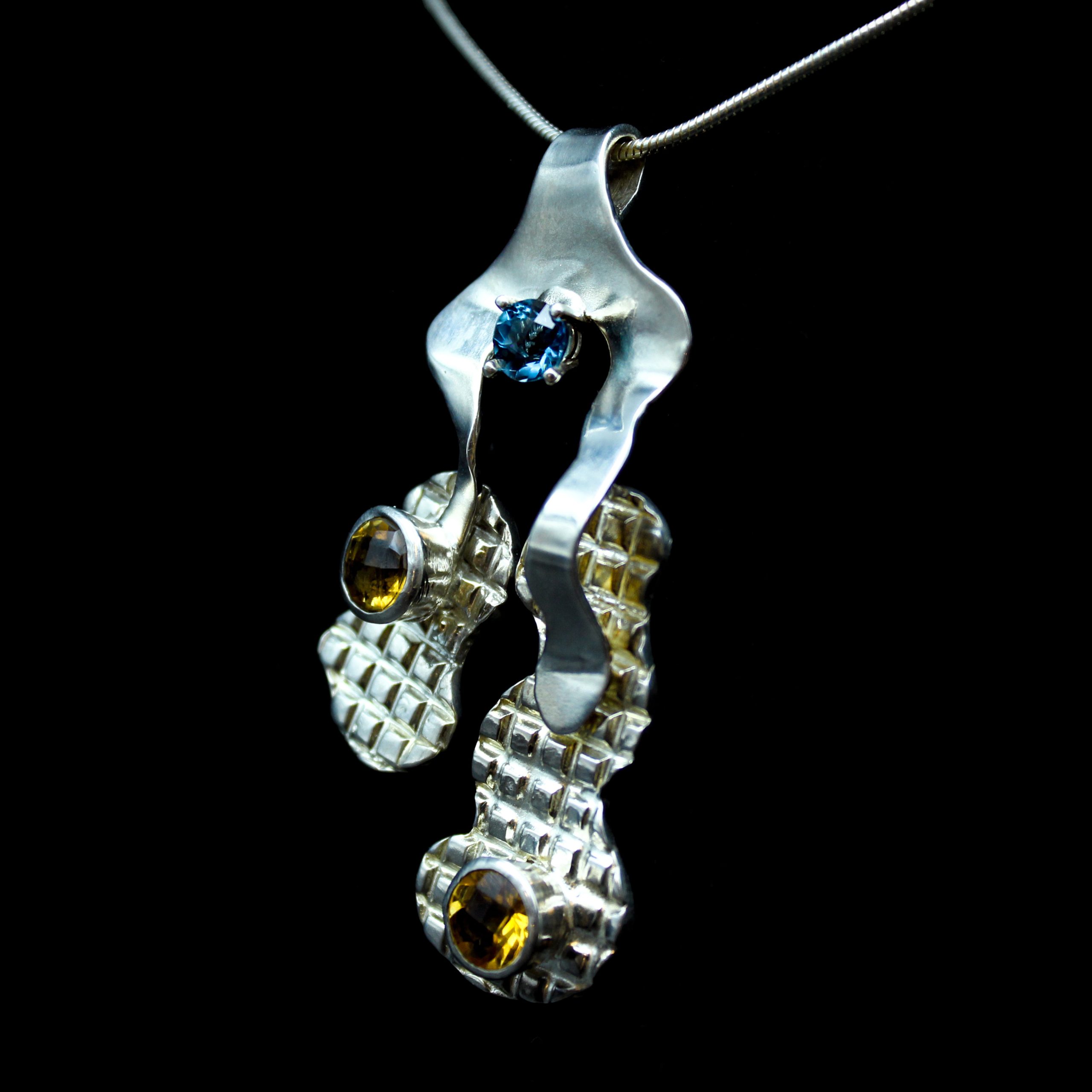 Sterling Silver Pendant - "Squared Texture" Design - Swiss Blue Topaz & 2 Citrines (15050PS) - Image 5