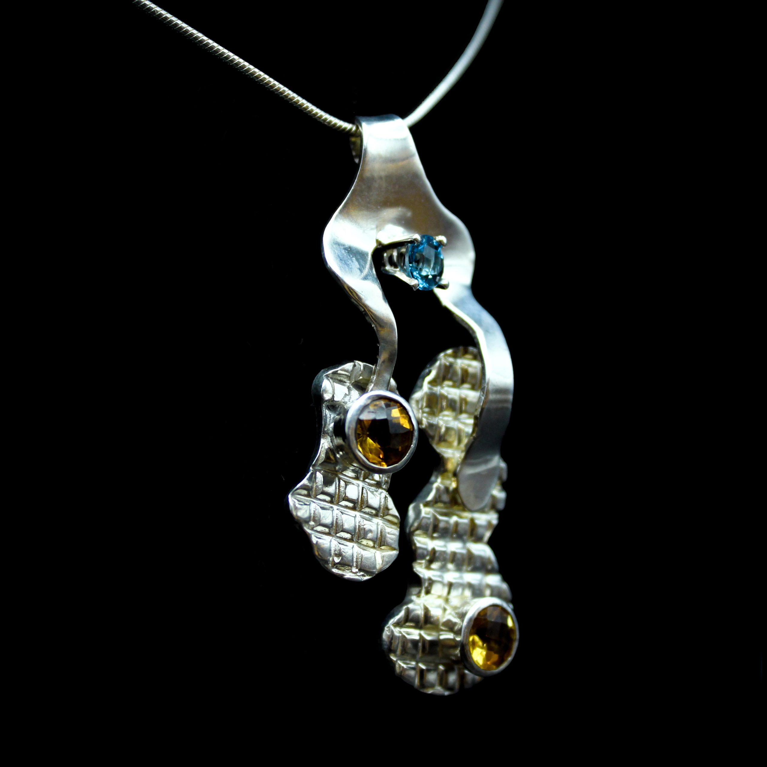 Sterling Silver Pendant - "Squared Texture" Design - Swiss Blue Topaz & 2 Citrines (15050PS) - Image 3