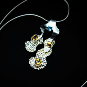 Sterling Silver Pendant - "Squared Texture" Design - Swiss Blue Topaz & 2 Citrines (15050PS)