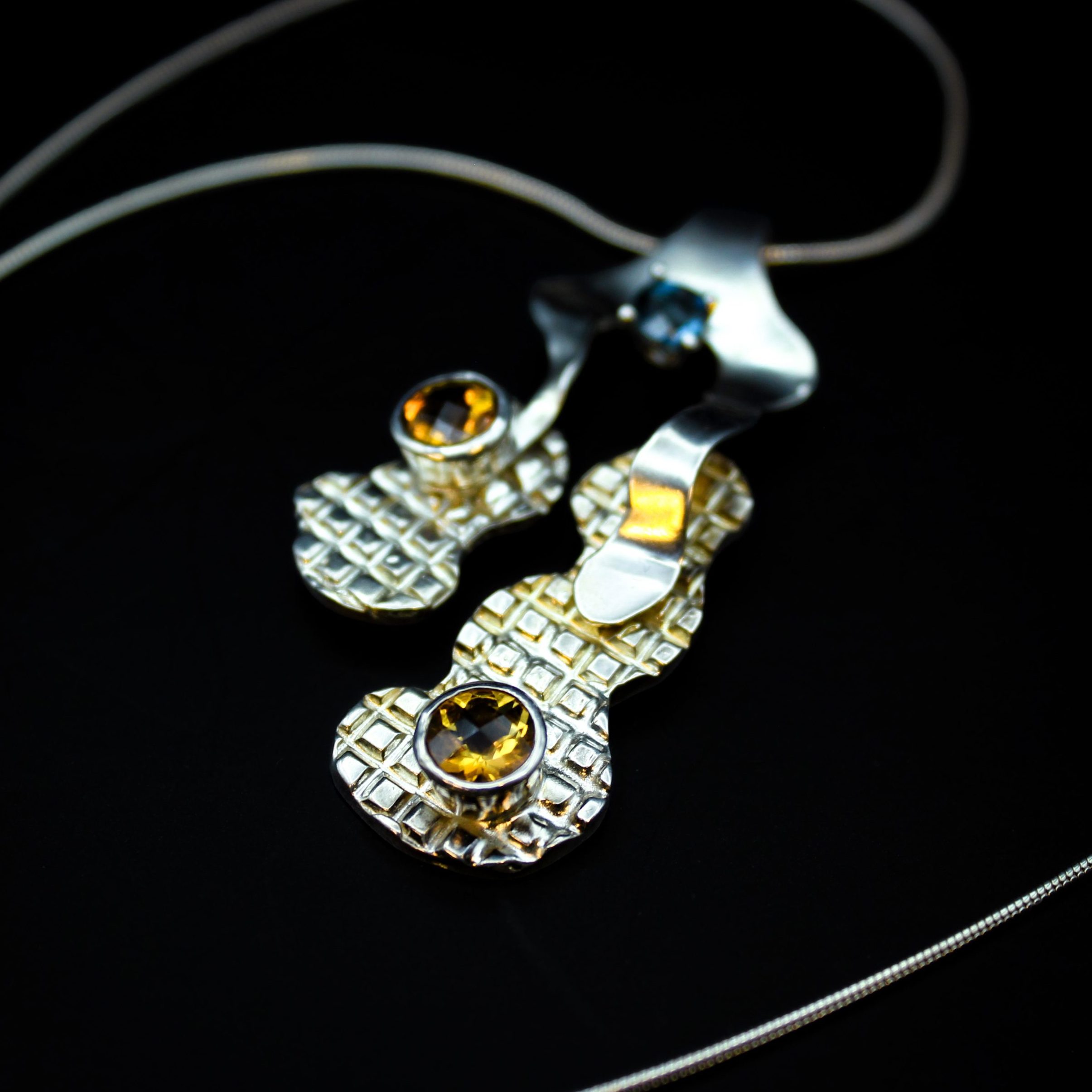 Sterling Silver Pendant - "Squared Texture" Design - Swiss Blue Topaz & 2 Citrines (15050PS) - Image 2