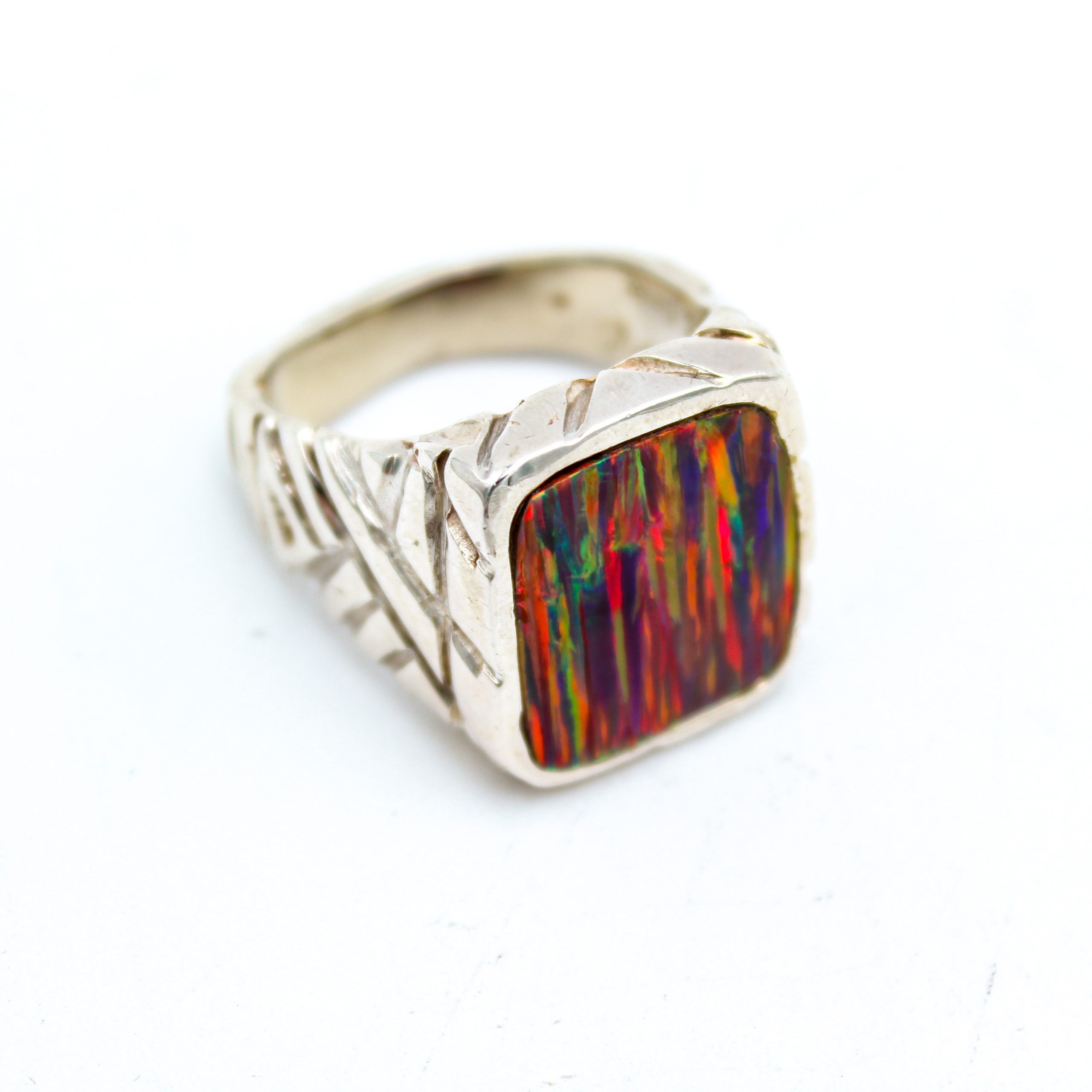 Sterling Silver Ring - "Tribal" Design - MM Rect Black Cherry Opal (19143RS), Men's Ring - Image 4