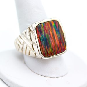 Sterling Silver Ring - "Tribal" Design - MM Rect Black Cherry Opal (19143RS), Men's Ring