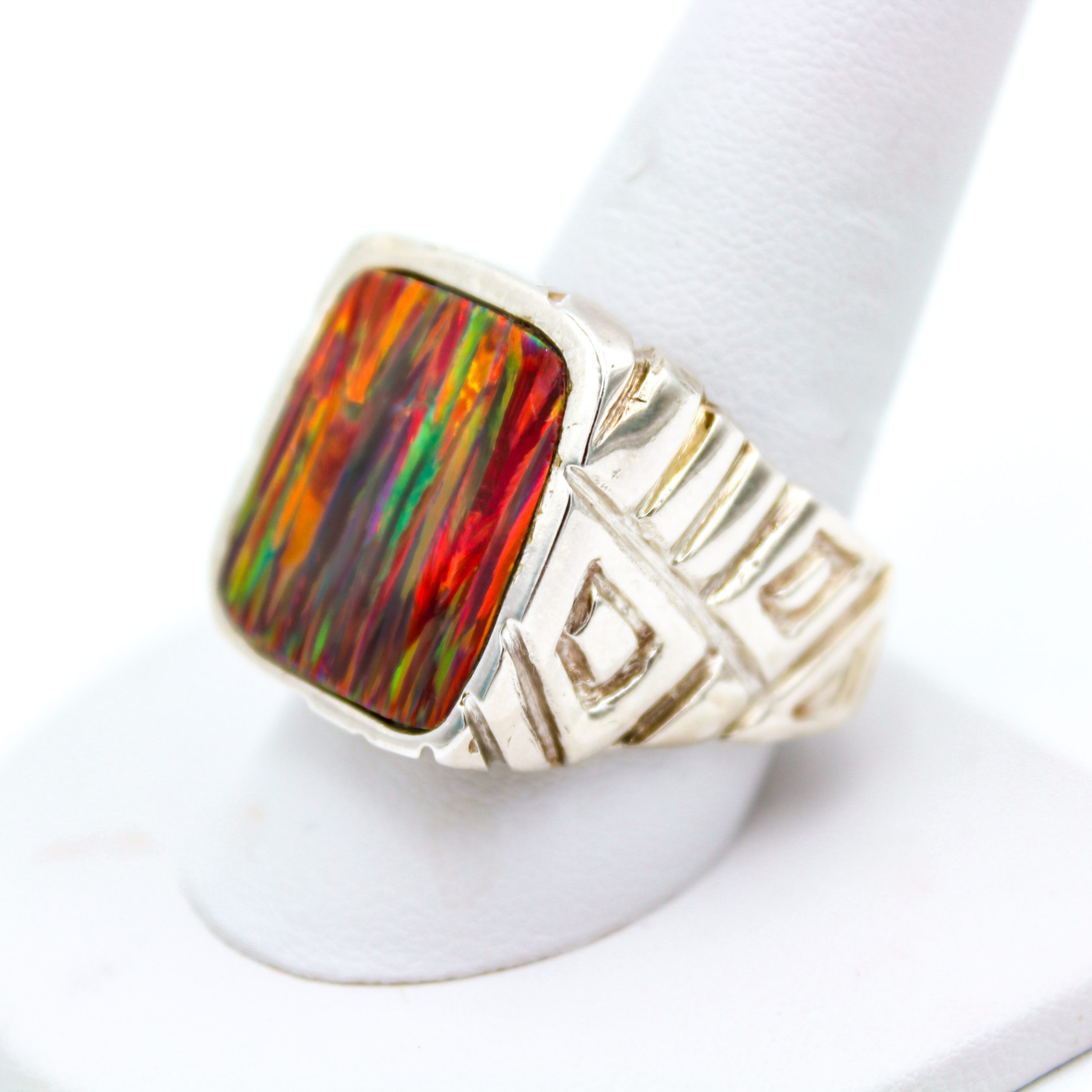 Sterling Silver Ring - "Tribal" Design - MM Rect Black Cherry Opal (19143RS), Men's Ring - Image 2