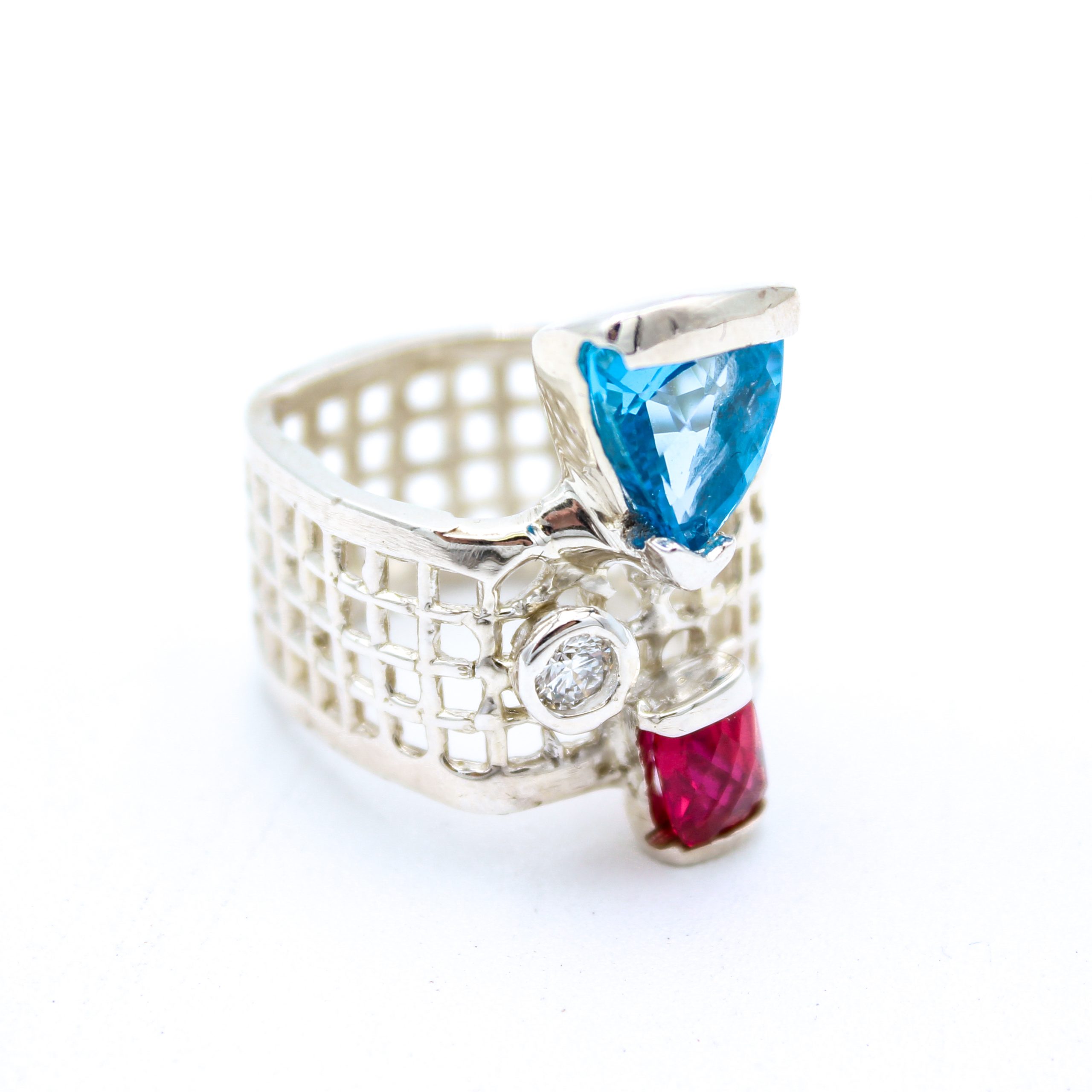 Sterling Silver Ring - "Mesh" Design - Topaz, Ruby & Diamonds (21181RS) - Image 4