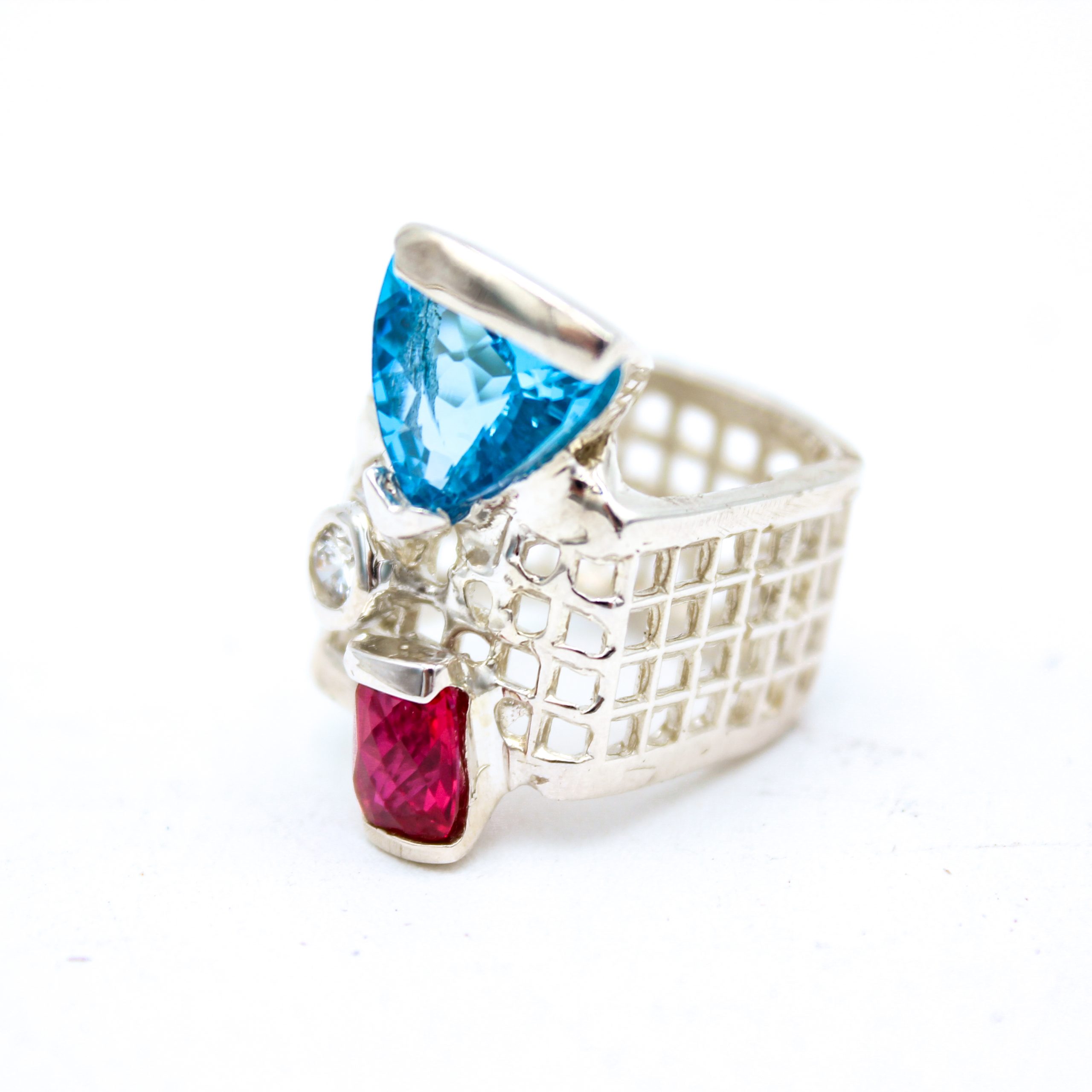 Sterling Silver Ring - "Mesh" Design - Topaz, Ruby & Diamonds (21181RS) - Image 3
