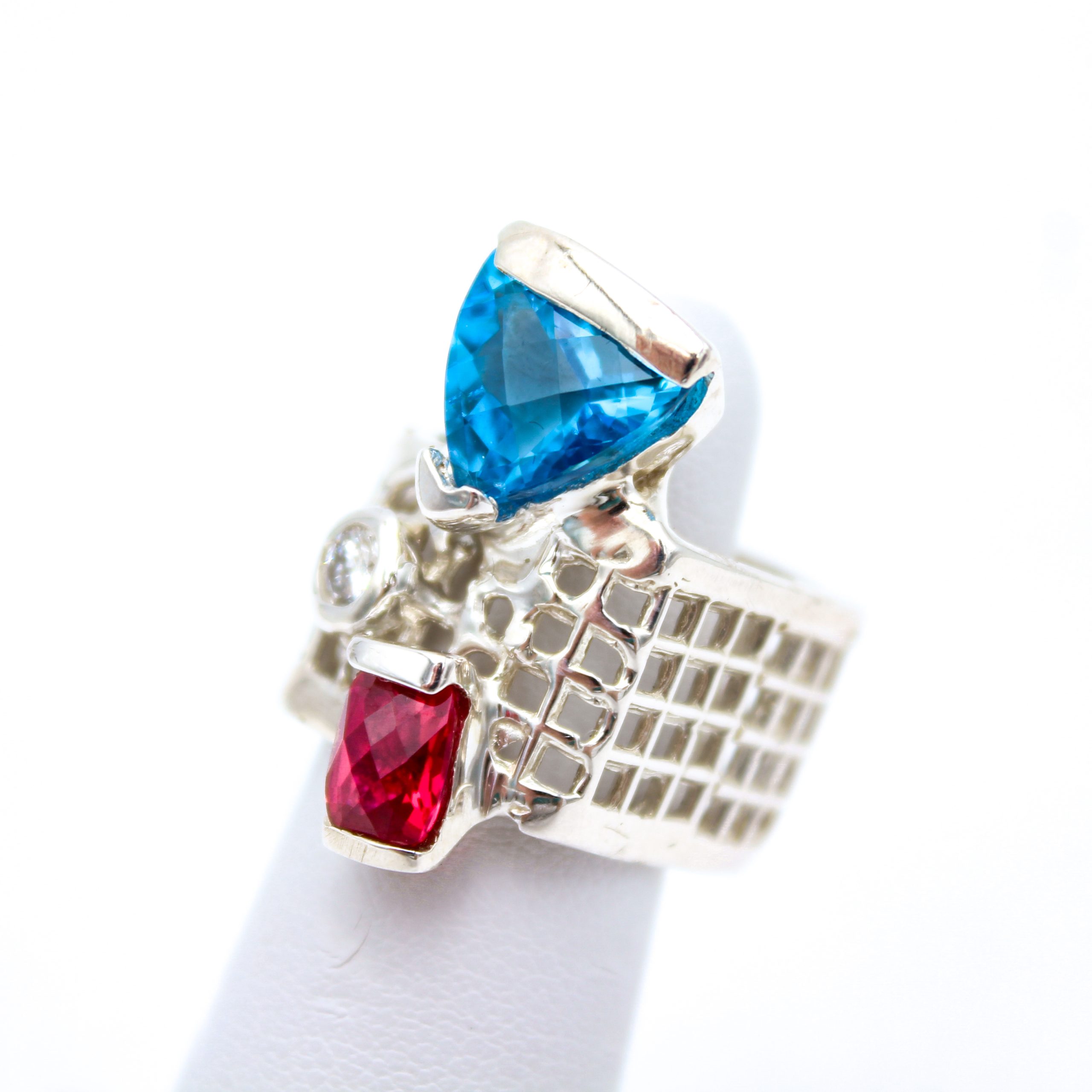 Sterling Silver Ring - "Mesh" Design - Topaz, Ruby & Diamonds (21181RS) - Image 2