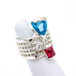 Sterling Silver Ring - "Mesh" Design - Topaz, Ruby & Diamonds (21181RS)