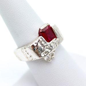 Sterling Silver Ring - "Hammered" Design - MM Ruby, 2 MM Diamonds (24017RS)