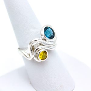 Sterling Silver Ring - "Swirl" Design - Rnd London Blue, Rnd Citrine, (24022RS)
