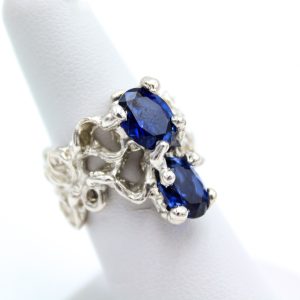 Sterling Silver Ring - "Freeform" Design - MM 2 Oval Sapphires (25020RS)